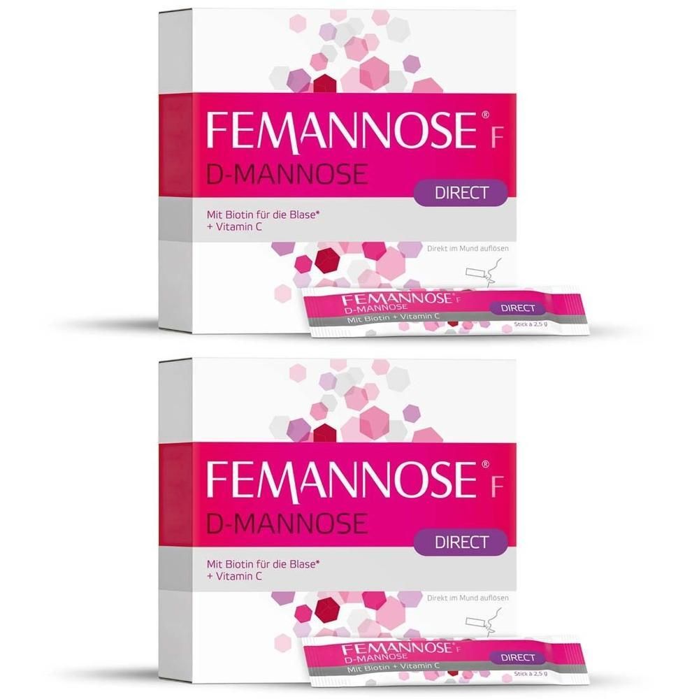 FEMANNOSE® F Direct Sticks: Zwei Packungen und zwei einzelne Sticks mit D-Mannose, Biotin und Vitamin C.