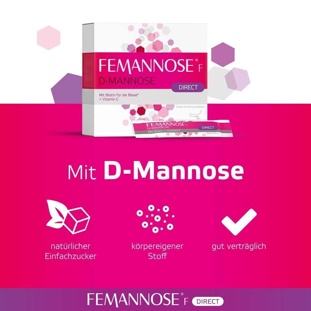 FEMANNOSE® F Direct: D-Mannose als natürlicher Einfachzucker, körpereigener Stoff, gut verträglich.
