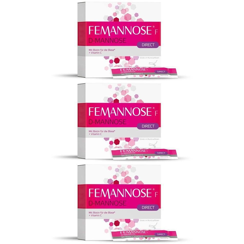 Drei Packungen FEMANNOSE® F Direct Sticks. Jede Packung enthält Sticks und hat rosa-weiße Akzente. Text: D-Mannose, Vitamin C.