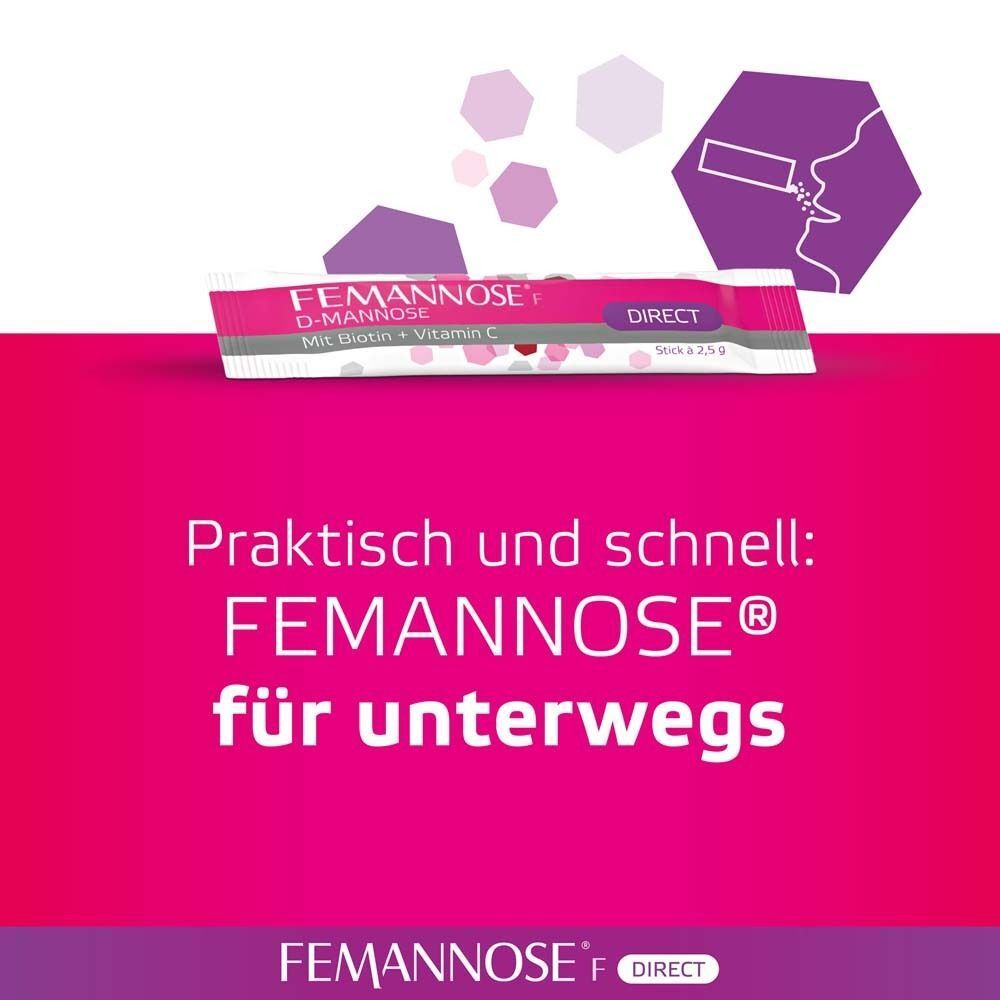Rosa Hintergrund mit FEMANNOSE® F Direct Stick. Text: Praktisch und schnell: FEMANNOSE® für unterwegs. Lila Grafik.