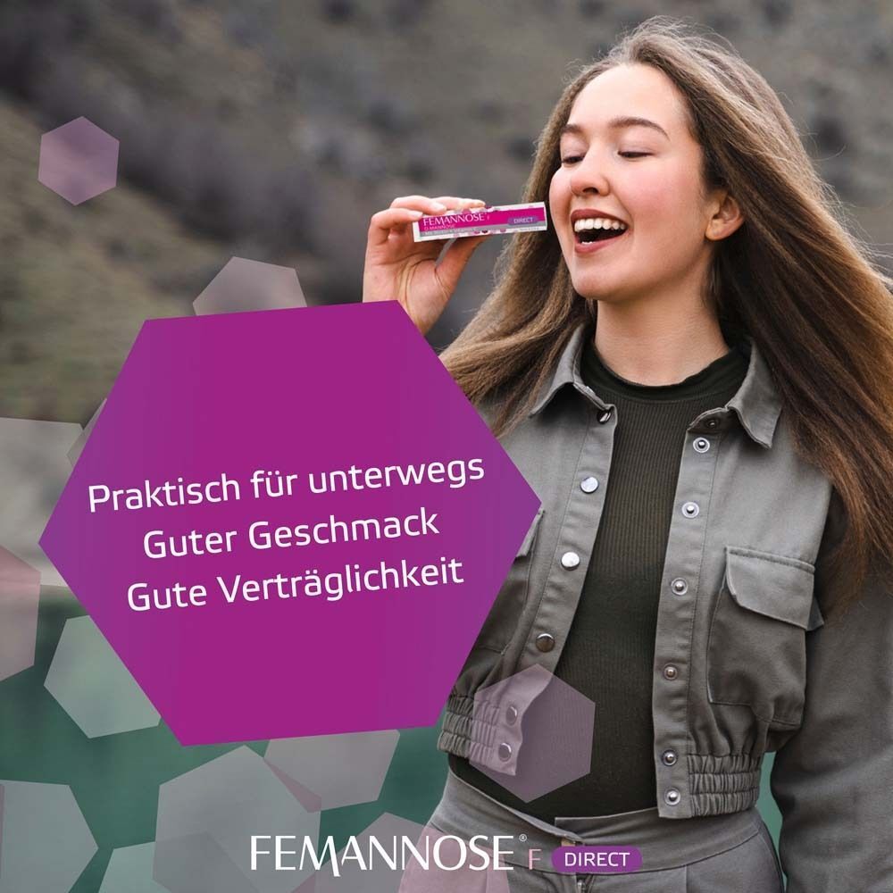 Frau nimmt FEMANNOSE® F Direct Stick ein. Text: Praktisch für unterwegs, guter Geschmack, gute Verträglichkeit. Lila Grafik.