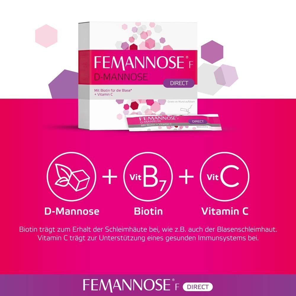 Packung FEMANNOSE® F Direct Sticks. Text: D-Mannose, Biotin, Vitamin C. Grafiken: Blätter, Würfel, Vitamine. Rosa Hintergrund.