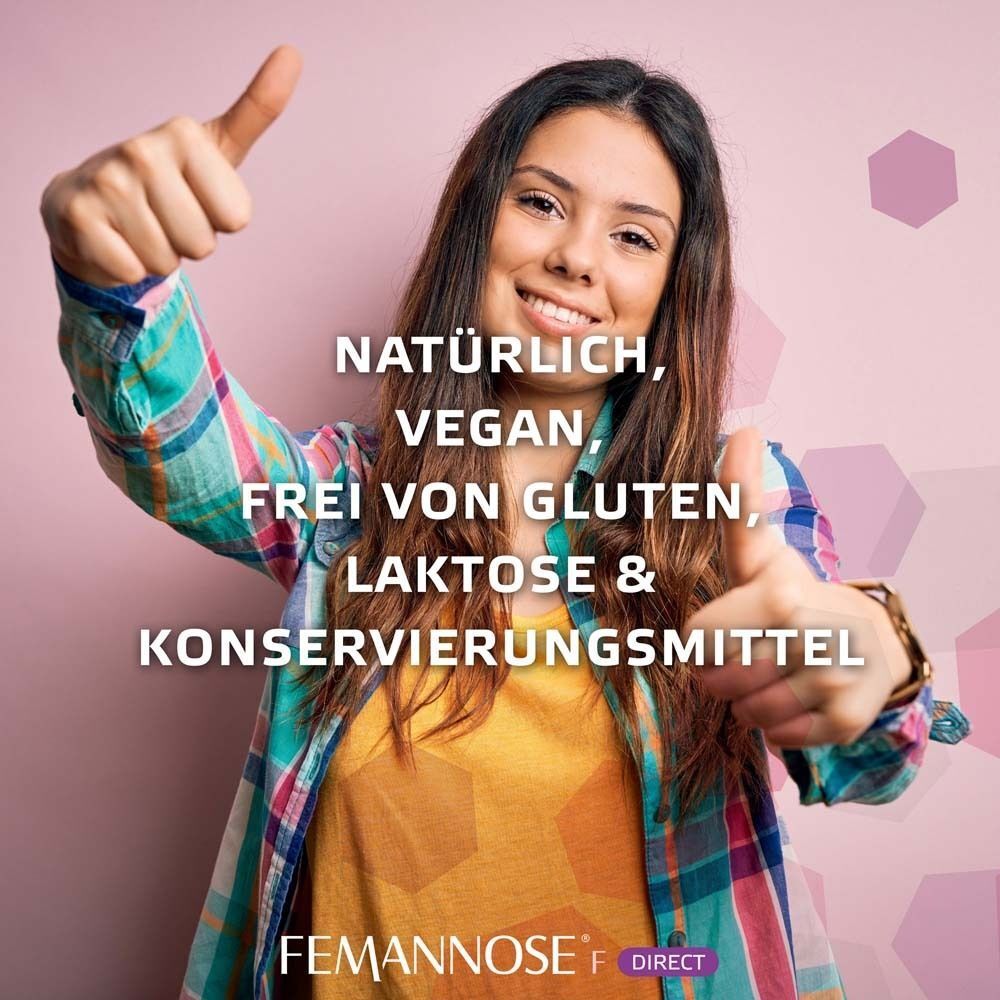 Frau mit Daumen hoch. Text: Natürlich, vegan, frei von Gluten, Laktose & Konservierungsmitteln. FEMANNOSE® F Direct Logo.