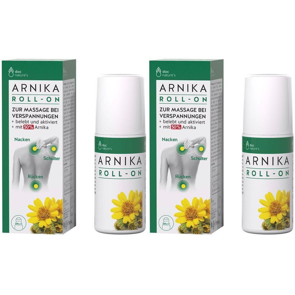 Arnika Roll-On Flasche und Karton mit Sonnenblumenmotiv und Rückenabbildung.