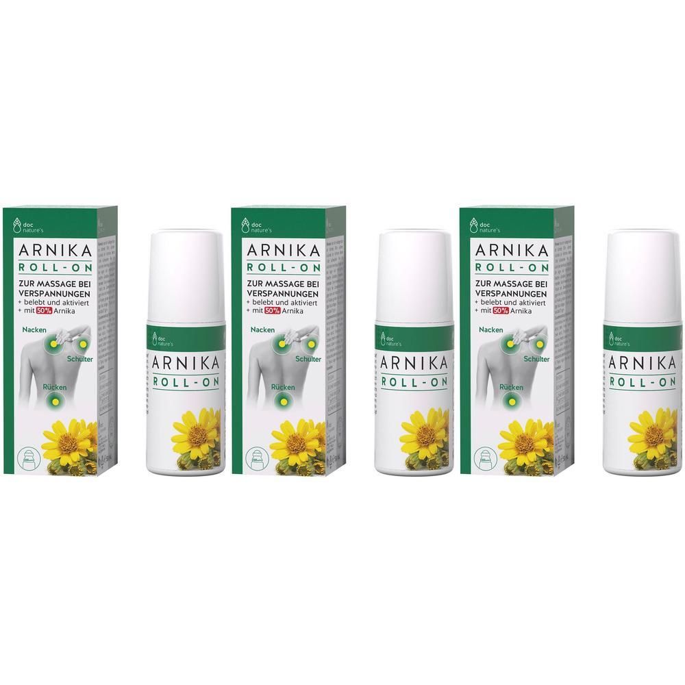 Arnika Roll-On Flaschen und Kartons mit Rückendarstellung und Sonnenblumen.