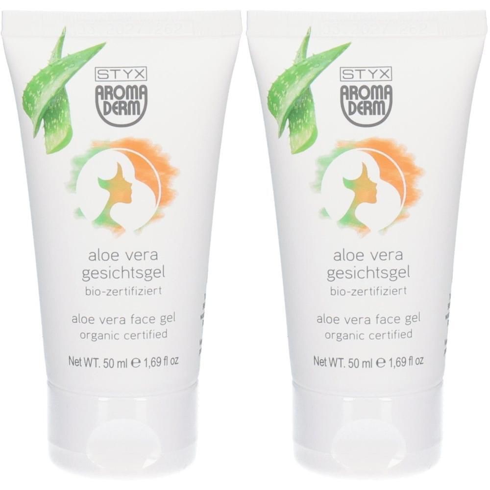 Zwei Tuben Gesichtsgel. Weiß, mit Logo und Aloe Vera-Illustrationen. Text: Aloe Vera Gesichtsgel, bio-zertifiziert, 50 ml.