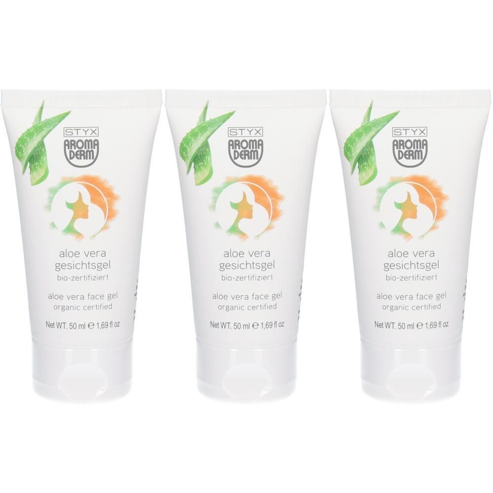 Drei Tuben Aloe Vera Gesichtsgel. Weiße Tuben mit grünen und orangenen Logos. Text: STYX AROMADERM, aloe vera gesichtsgel, bio-zertifiziert.