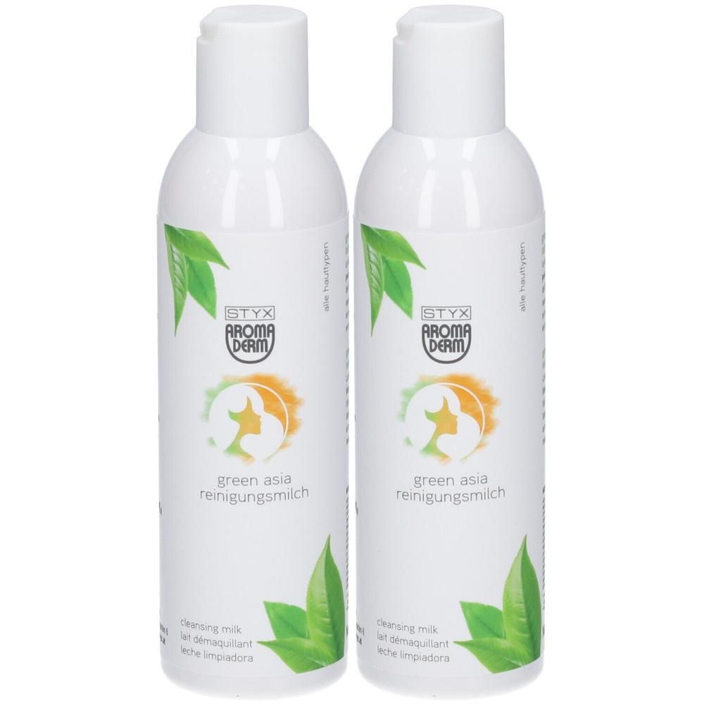 Zwei Flaschen STYX AROMADERM Green Asia Reinigungsmilch mit Blattmotiv.