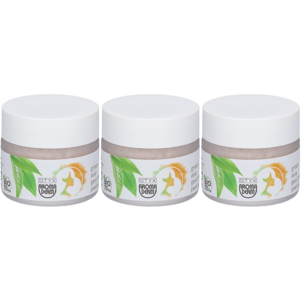 Drei Tiegel STYX AROMADERM Green Asia Gesichtspeeling. Weiße Deckel, transparente Gläser mit grün-gelbem Etikett. Logo und Produktbezeichnung.