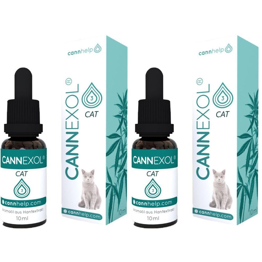 Drei Flaschen CANNEXOL CAT mit Tropfer und Verpackung. Aufschrift: CANNEXOL CAT, 10ml. Auf der Verpackung: Katze, Logo.