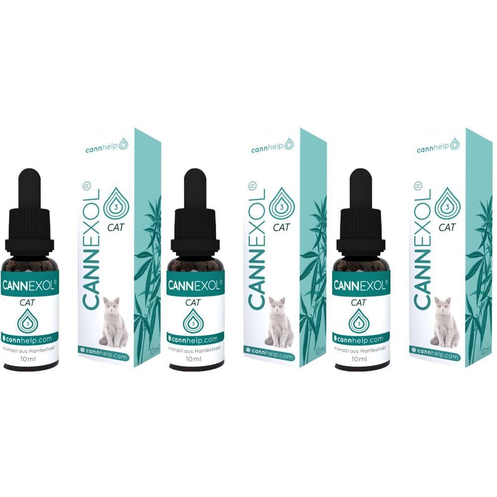 Drei Flaschen mit Tropfer und Verpackungen. Auf den Flaschen steht CANNEXOL CAT. Die Verpackungen zeigen ein Kätzchen und den Produktnamen.