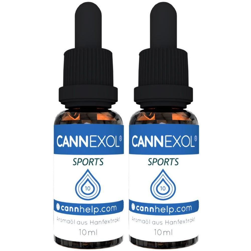 Zwei Flaschen mit schwarzen Pipetten. Blaue Etiketten mit weißer Schrift: CANNEXOL SPORTS, 10, cannhelp.com, Aromaöl aus Hanfextrakt, 10 ml.