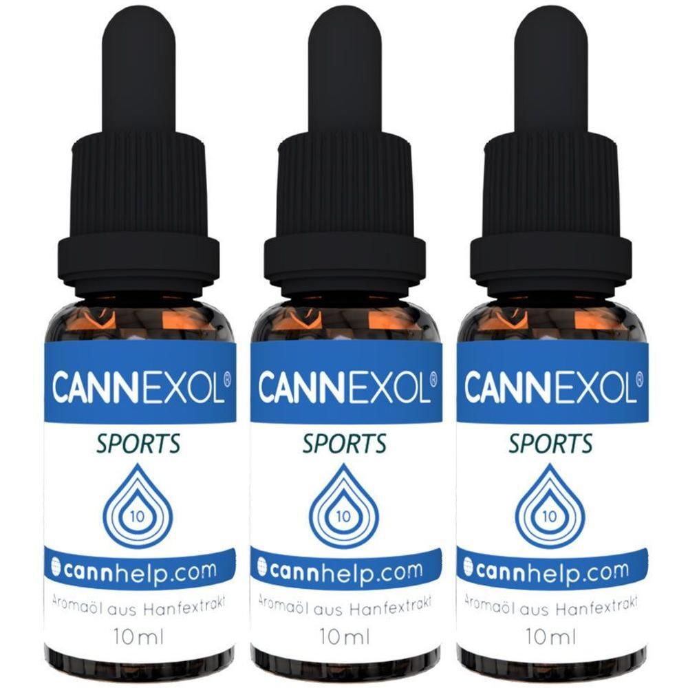 Drei Flaschen CANNEXOL SPORTS mit Tropfer. Blaue und weiße Etiketten mit Logo und Text. 10 ml.