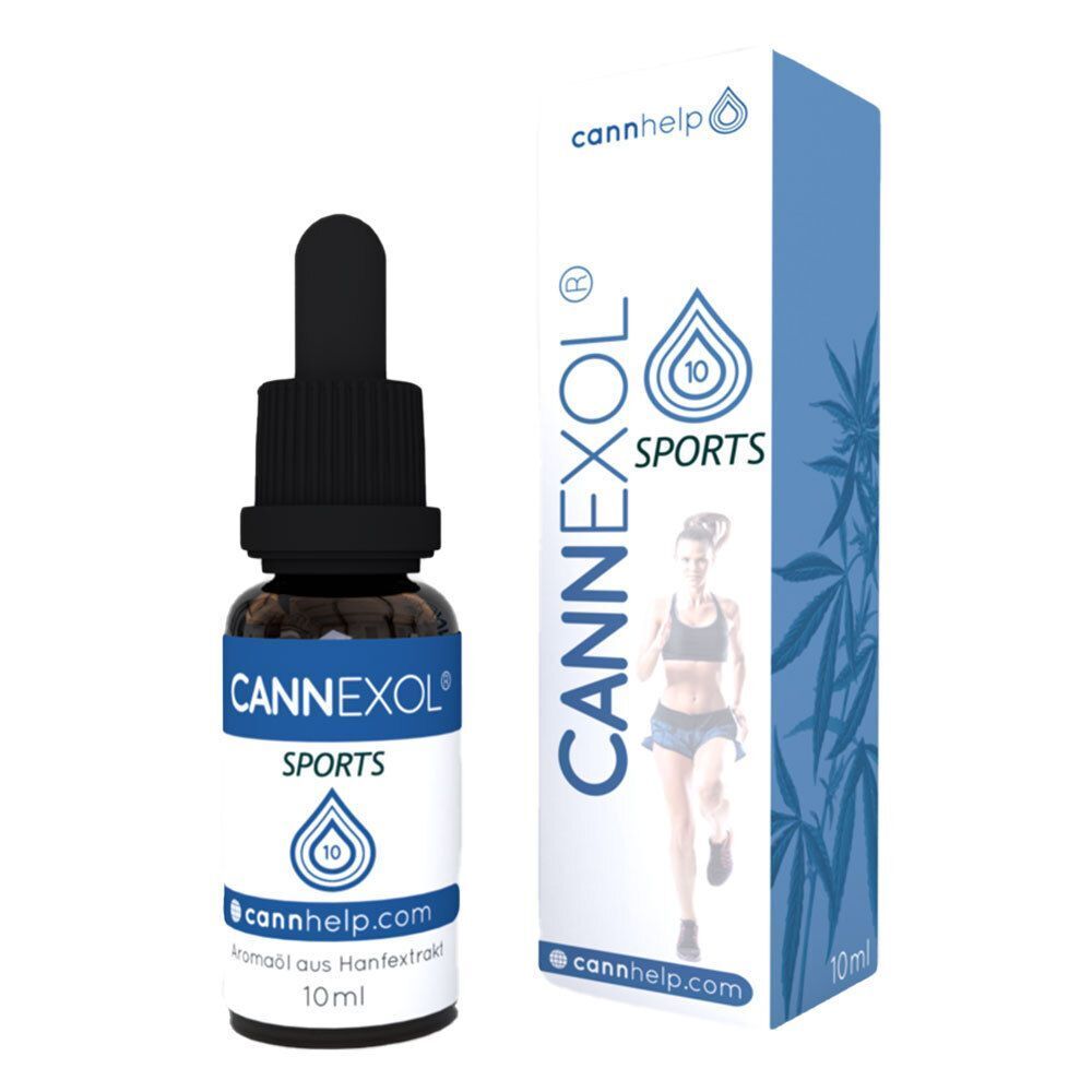 Flasche CANNEXOL SPORTS mit Tropfer neben Verpackung. Verpackung mit Logo und Text. 10 ml.