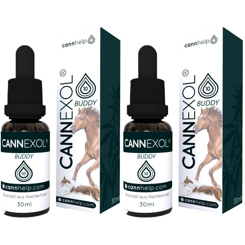 Zwei Flaschen CANNEXOL® Buddy Hanföl mit Pipettenverschluss, 30ml. Kartonverpackung mit Pferd und Hund.