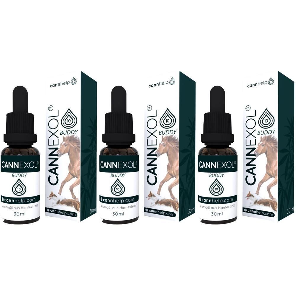 Drei Flaschen CANNEXOL® Buddy mit Pipettenverschluss und Kartonverpackung. Jede Flasche enthält 30ml.