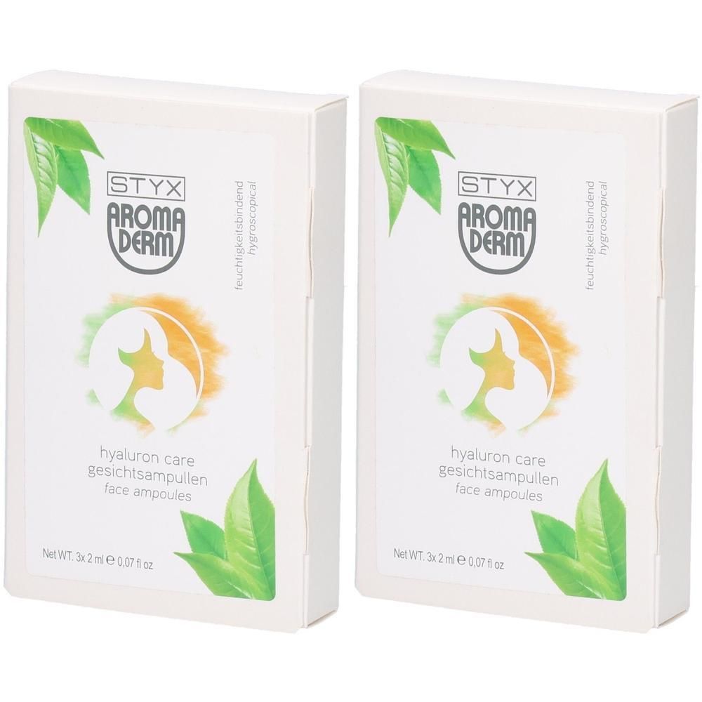 Zwei weiße Kartons mit STYX AROMADERM Logo, grünen Blättern und Produktbezeichnung: Hyaluron Care Gesichtsampullen.