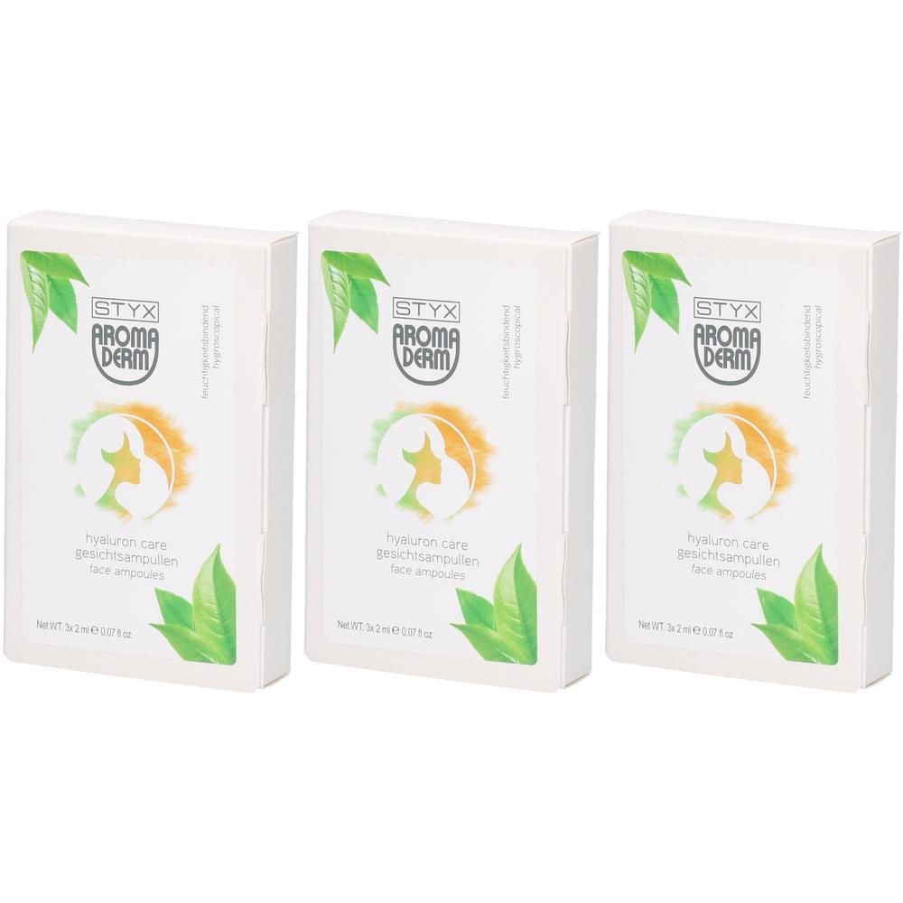 Drei weiße Kartons mit STYX AROMADERM Logo und Produktbezeichnung. Aufdruck: Hyaluron Care Gesichtsampullen.