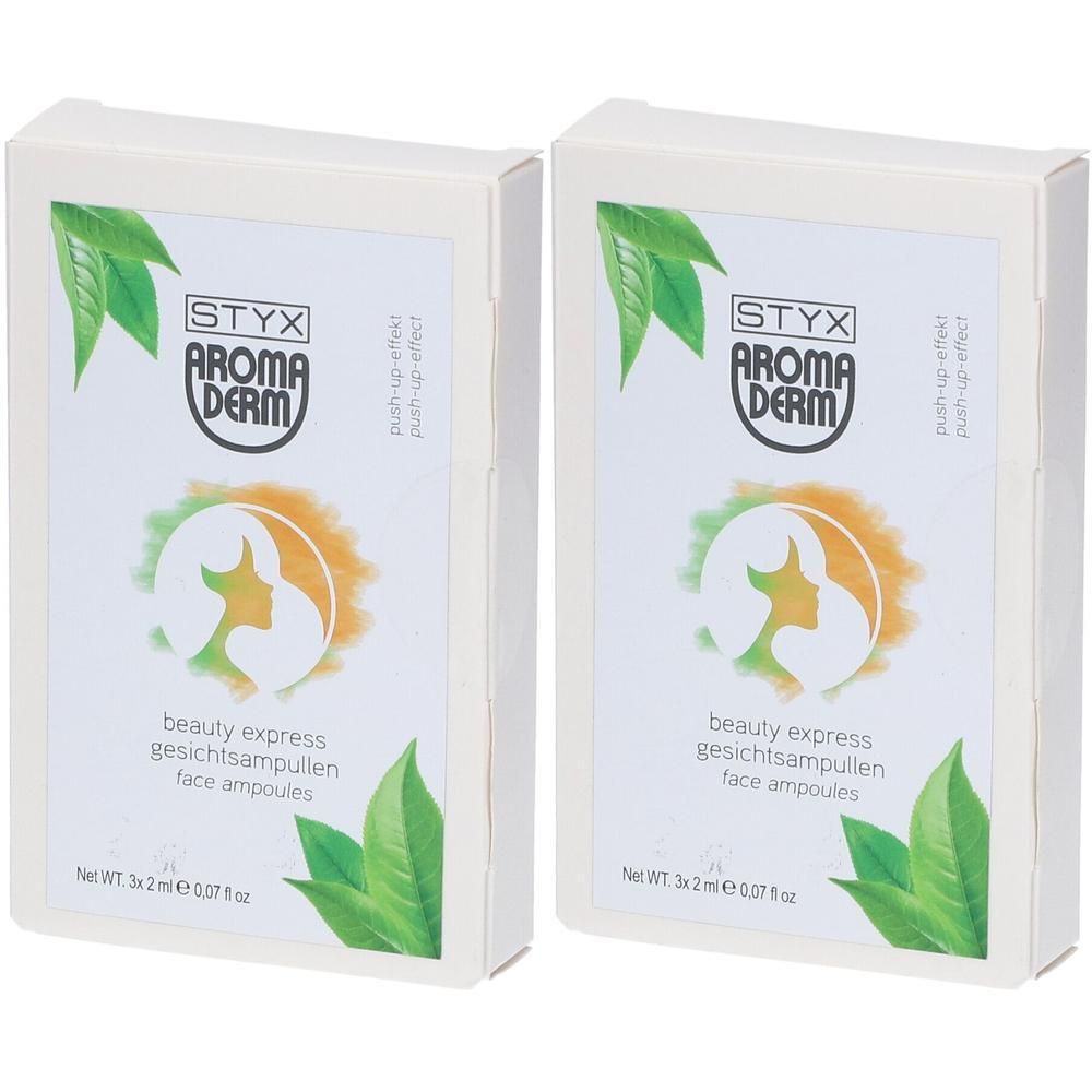 Zwei weiße Kartons mit STYX AROMADERM-Logo und Produktbezeichnung. Grün-orangefarbene Grafik mit Gesichtskontur und Blättern.