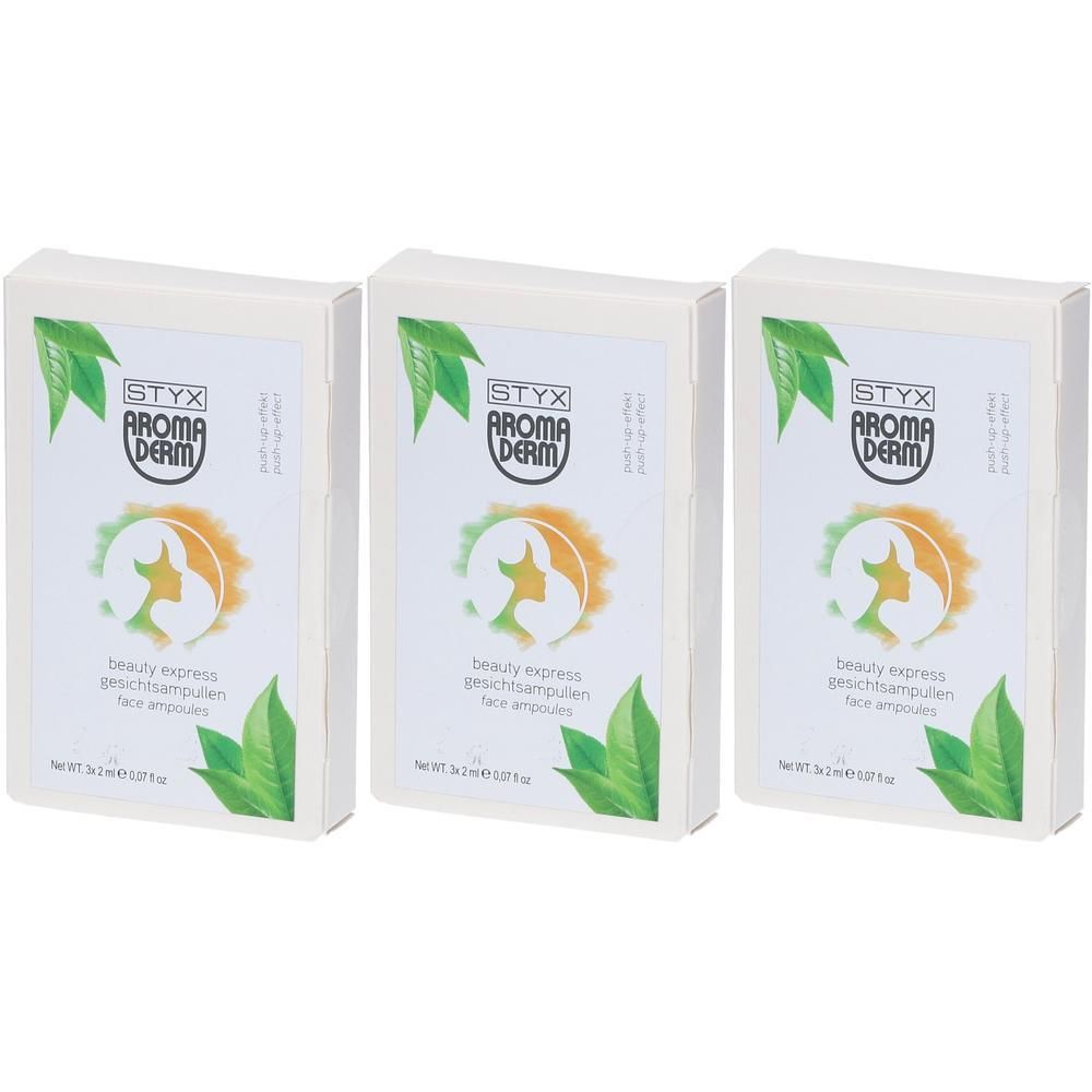 Drei weiße Kartons mit STYX AROMADERM Logo und Produktbezeichnung. Aufdruck: beauty express gesichtsampullen face ampoules.