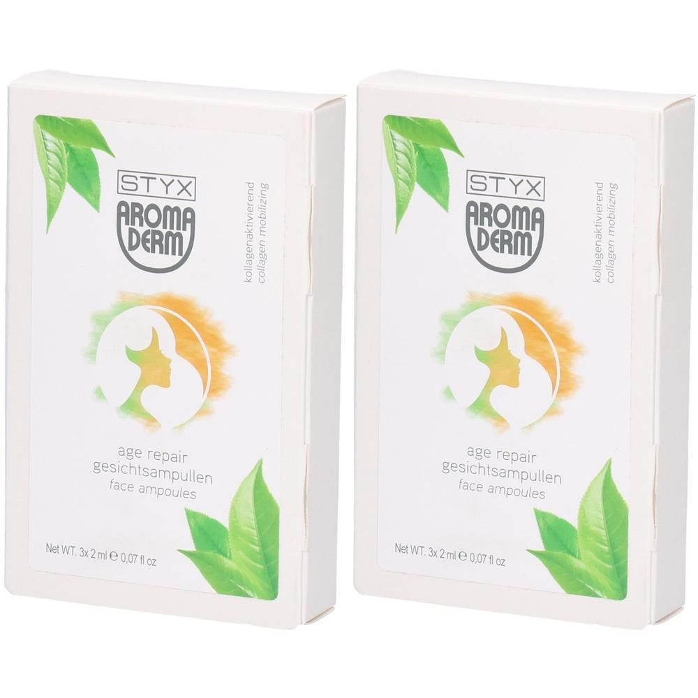 Zwei weiße Kartons mit Produktlogo und Text. Aufschrift: STYX AROMADERM Age Repair Gesichtsampullen. Grün-orangefarbene Grafik.