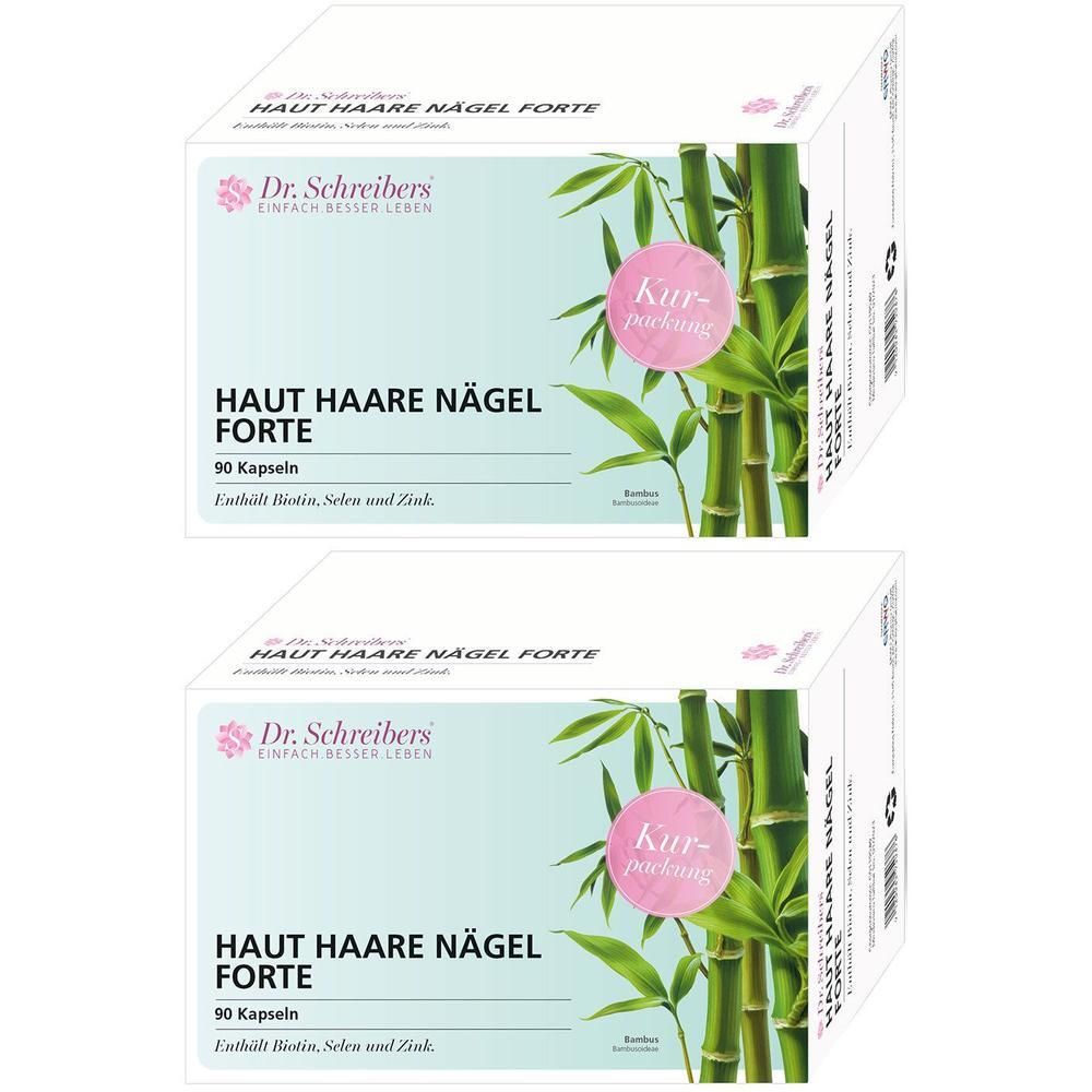 Zwei weiße Kartons mit Produktaufdruck. Aufschrift: HAUT HAARE NÄGEL FORTE. Enthält 90 Kapseln. Mit Bambus-Motiv und pinkfarbenem Kreis.