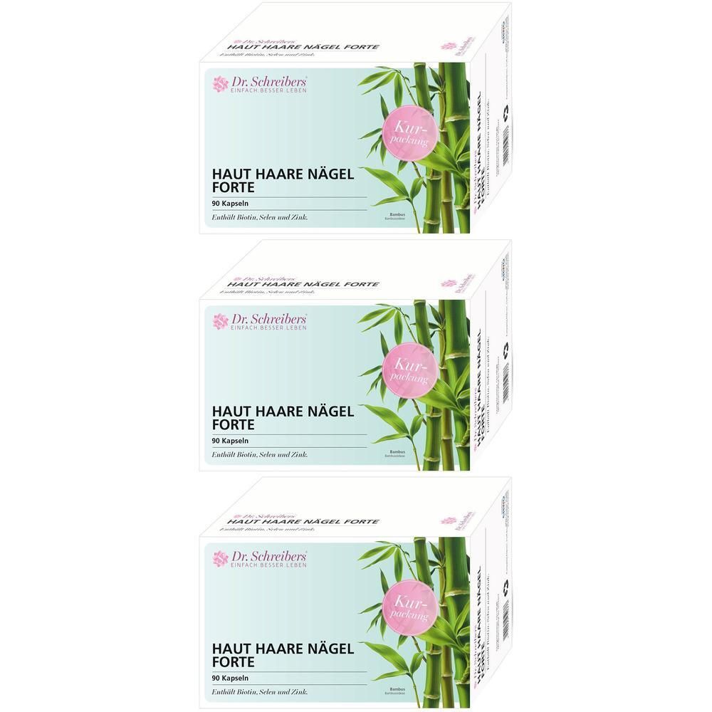 Drei Schachteln Dr. Schreibers HAUT HAARE NÄGEL FORTE. Weiße Verpackung mit Produktnamen, Logo und Bambus-Illustration.