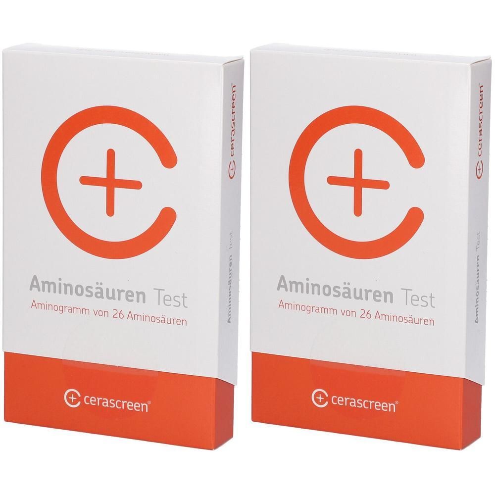 Zwei Packungen des cerascreen® Aminosäuren Tests mit dem Logo und Produktinformationen.