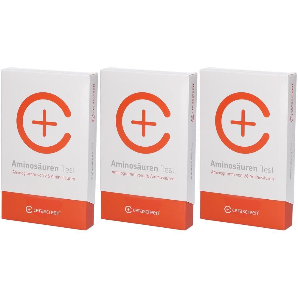 Drei Packungen des Aminosäuren Tests von cerascreen mit orangefarbenem Logo und Text.