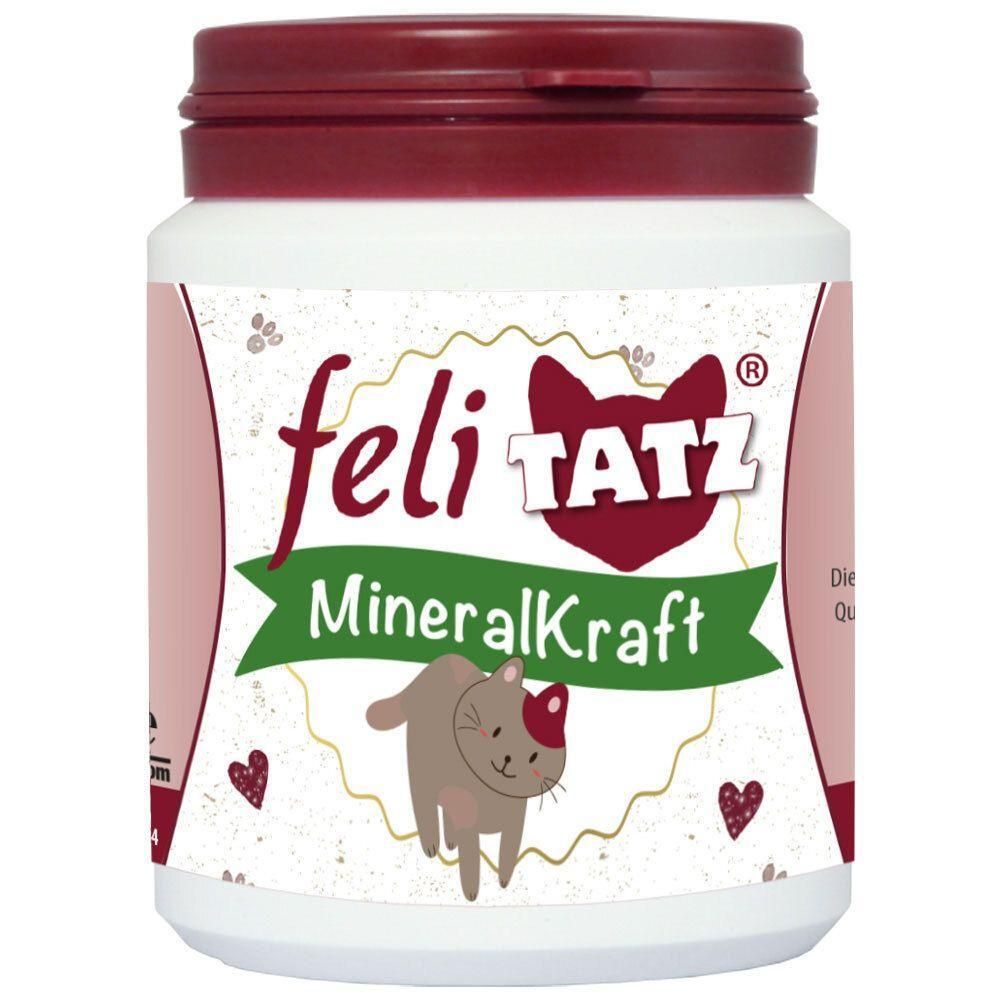 Behälter mit Deckel. Aufschrift: feliTATZ MineralKraft. Abbildung einer Katze. Rosa, weiß und bordeauxfarbene Elemente.