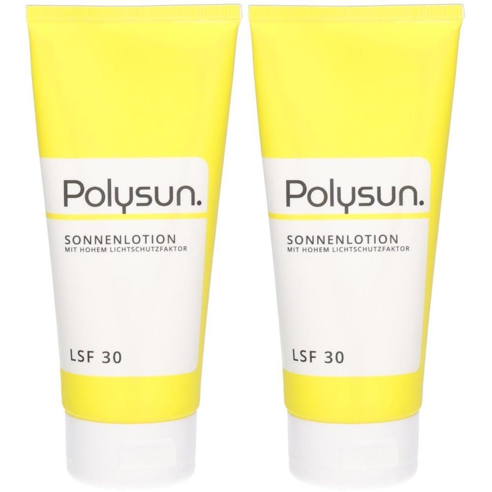 Zwei gelbe Tuben mit weißem Etikett. Aufschrift: Polysun, Sonnenlotion, LSF 30. Hoher Lichtschutzfaktor.