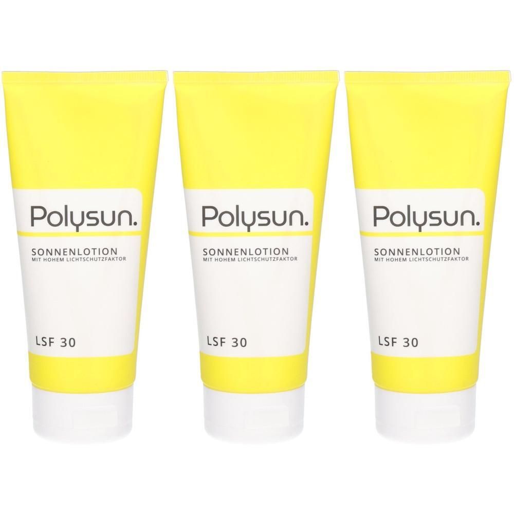 Drei Tuben Sonnenlotion mit gelbem Körper und weißem Deckel. Aufschrift: Polysun, Sonnenlotion, LSF 30.