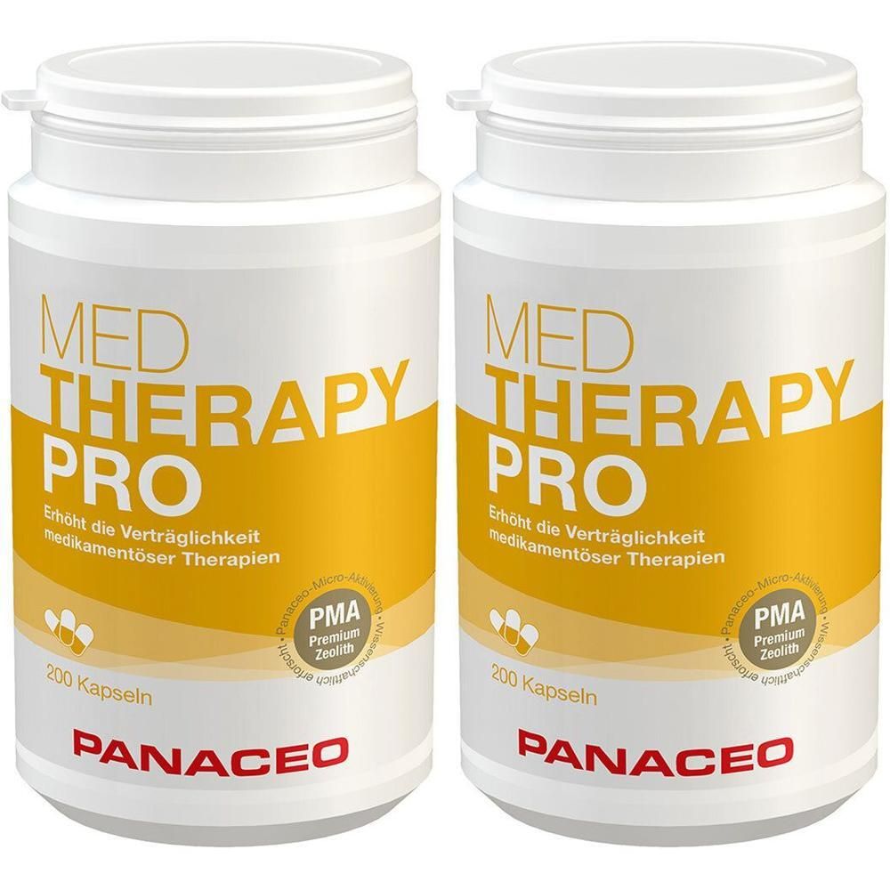 Zwei weiße Flaschen mit gelben Etiketten. Aufschrift: MED THERAPY PRO, PANACEO. Enthält 200 Kapseln. Mit PMA-Siegel.