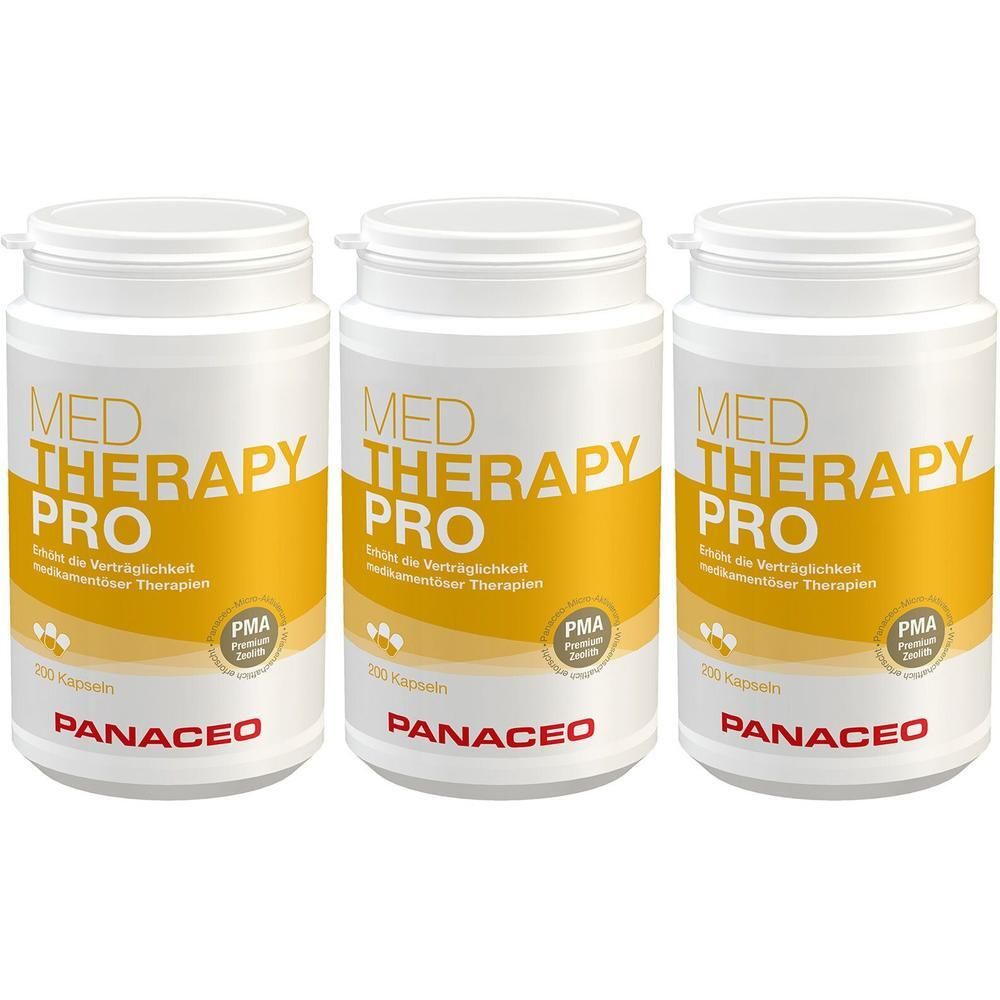 Drei weiße Flaschen mit gelbem Etikett. Aufschrift: MED THERAPY PRO, PANACEO. Mit PMA-Siegel. 200 Kapseln.
