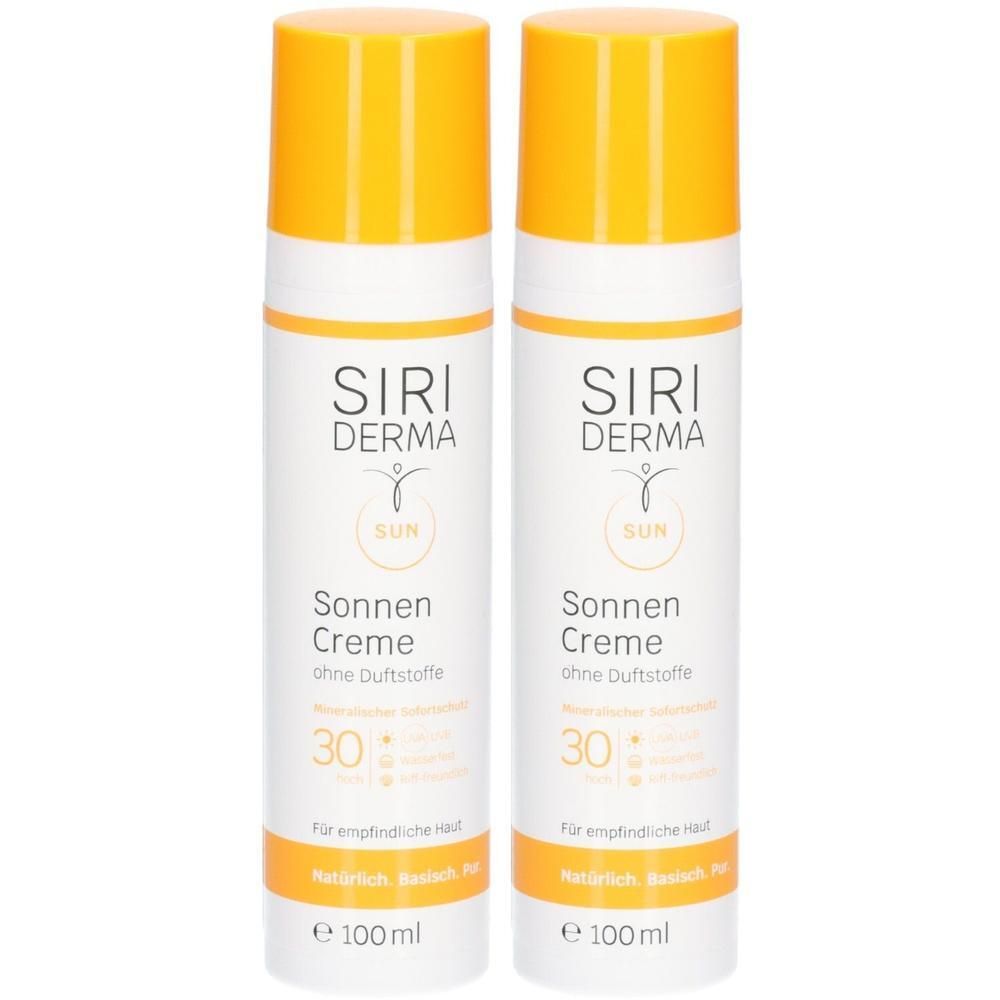 Zwei Flaschen Siriderma Sonnencreme LSF 30, parfümfrei, für empfindliche Haut.