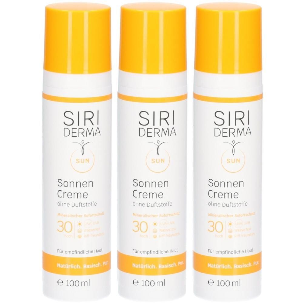 Drei Flaschen Siri Derma Sonnencreme LSF 30, parfümfrei, für empfindliche Haut.