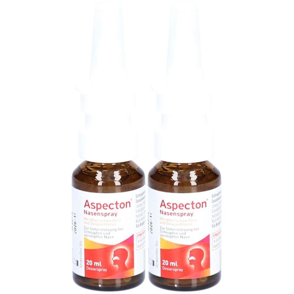 Zwei Flaschen Aspecton Nasenspray, je 20 ml, mit weißem Sprühkopf und braunem Fläschchen.