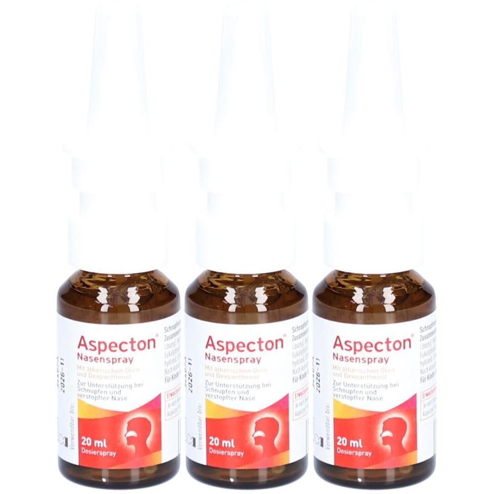 Drei Flaschen Aspecton Nasenspray, je 20 ml, mit Applikator. Braune Glasflaschen mit weißem Verschluss.