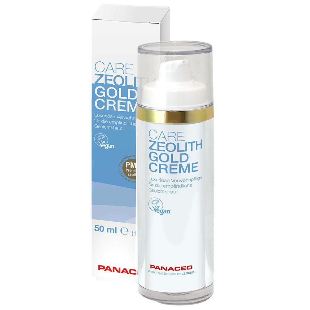 Flasche CARE ZEOLITH GOLD CREME mit Verpackung. Weißer Pumpkopf, goldfarbener Ring. Vegan-Siegel und PANACEO-Logo.