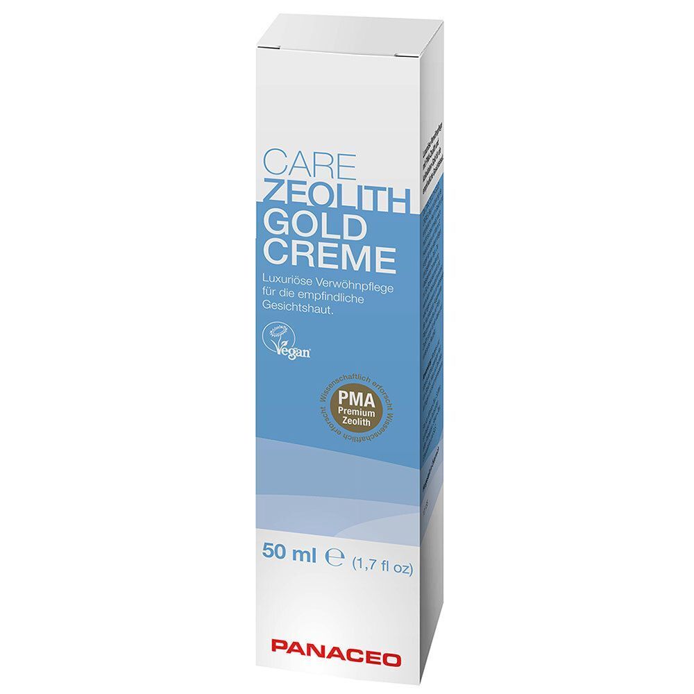 Verpackung von CARE ZEOLITH GOLD CREME. Weiß, mit Produktnamen, Vegan-Siegel, PMA-Siegel und PANACEO-Logo.