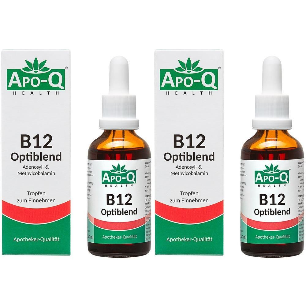 Zwei Flaschen Apo-Q B12 Optiblend Tropfen mit Pipettenverschluss und Faltschachteln. Enthält Adenosyl- & Methylcobalamin.