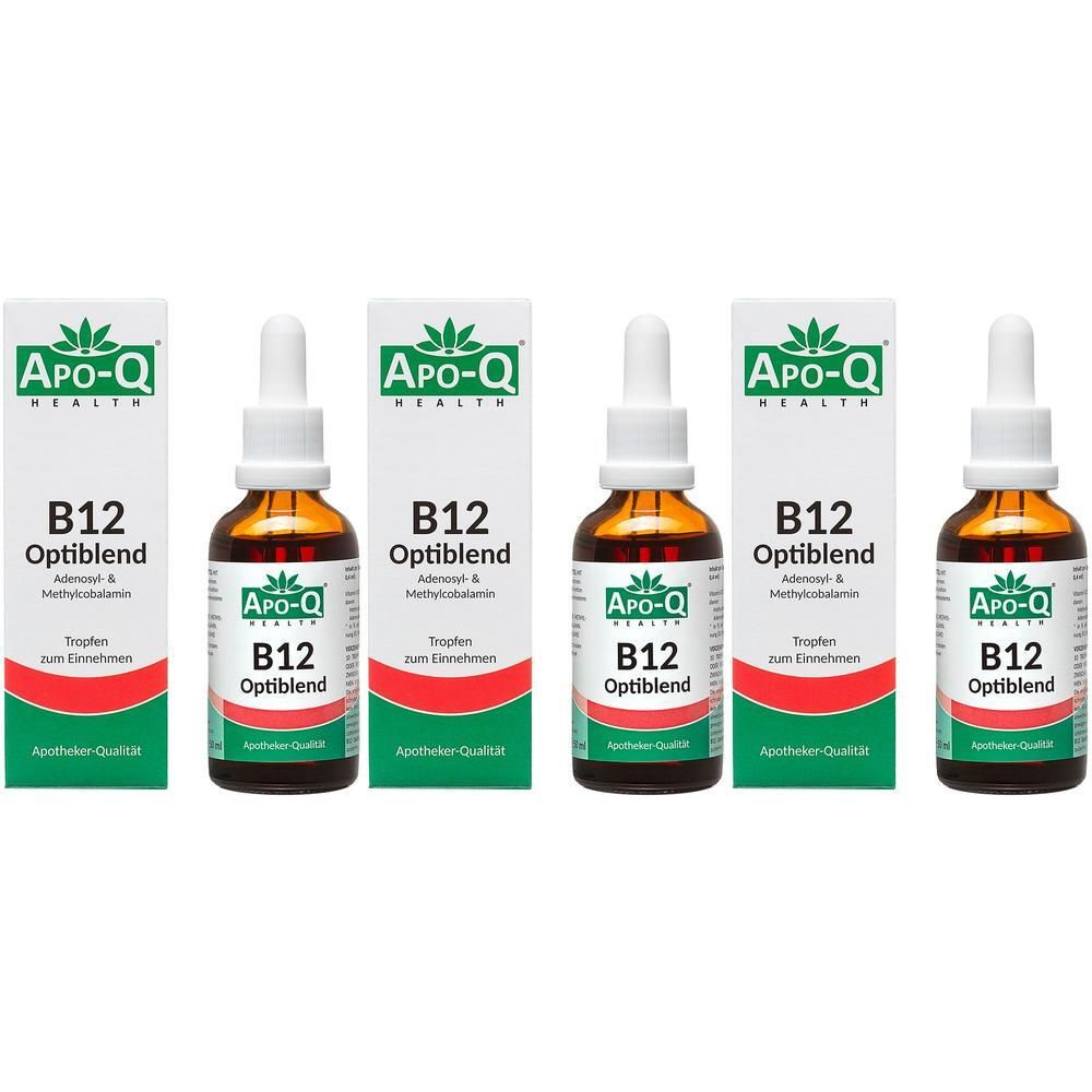 Drei Flaschen Apo-Q B12 Optiblend Tropfen mit Pipettenverschluss, in Kartonverpackung.