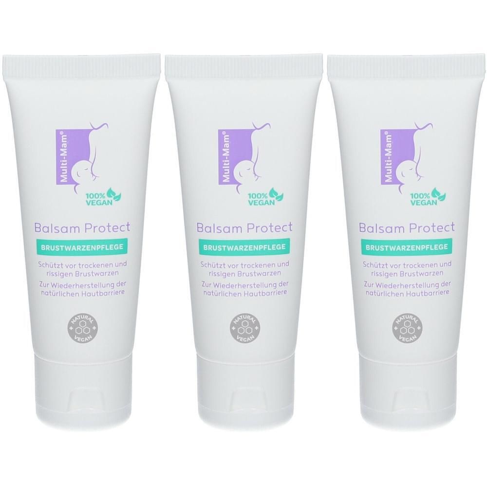 Drei Tuben Balsam Protect. Weiß, mit lila Logo und Text. Aufschrift: Brustwarzenpflege, 100% vegan.