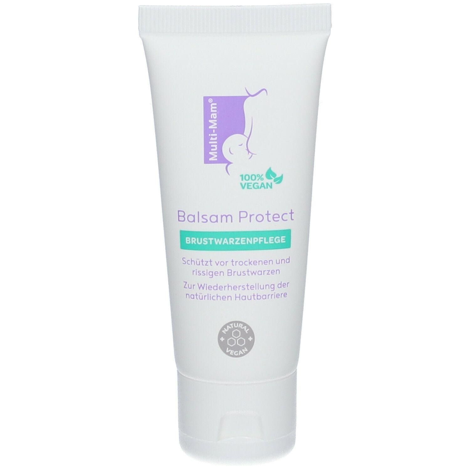 Weiße Tube mit Aufschrift "Multi-Mam". Text: Balsam Protect, Brustwarzenpflege. Logo: 100% Vegan. Enthält ein Brustsymbol.