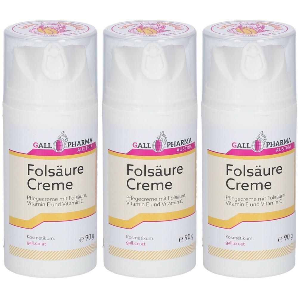Drei weiße Pumpspender mit Folsäure Creme, je 90g.