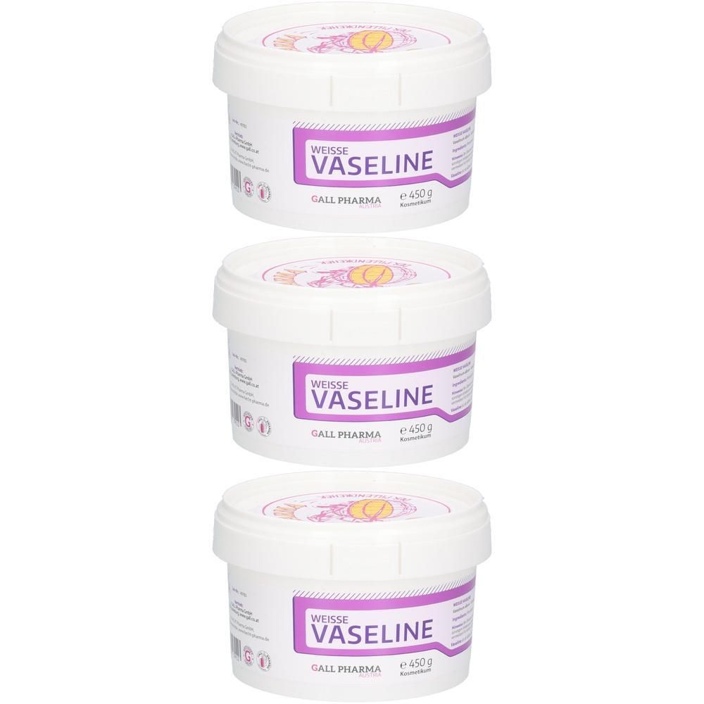 Drei weiße Vaseline-Tiegel von Gall Pharma mit jeweils 450g Inhalt.
