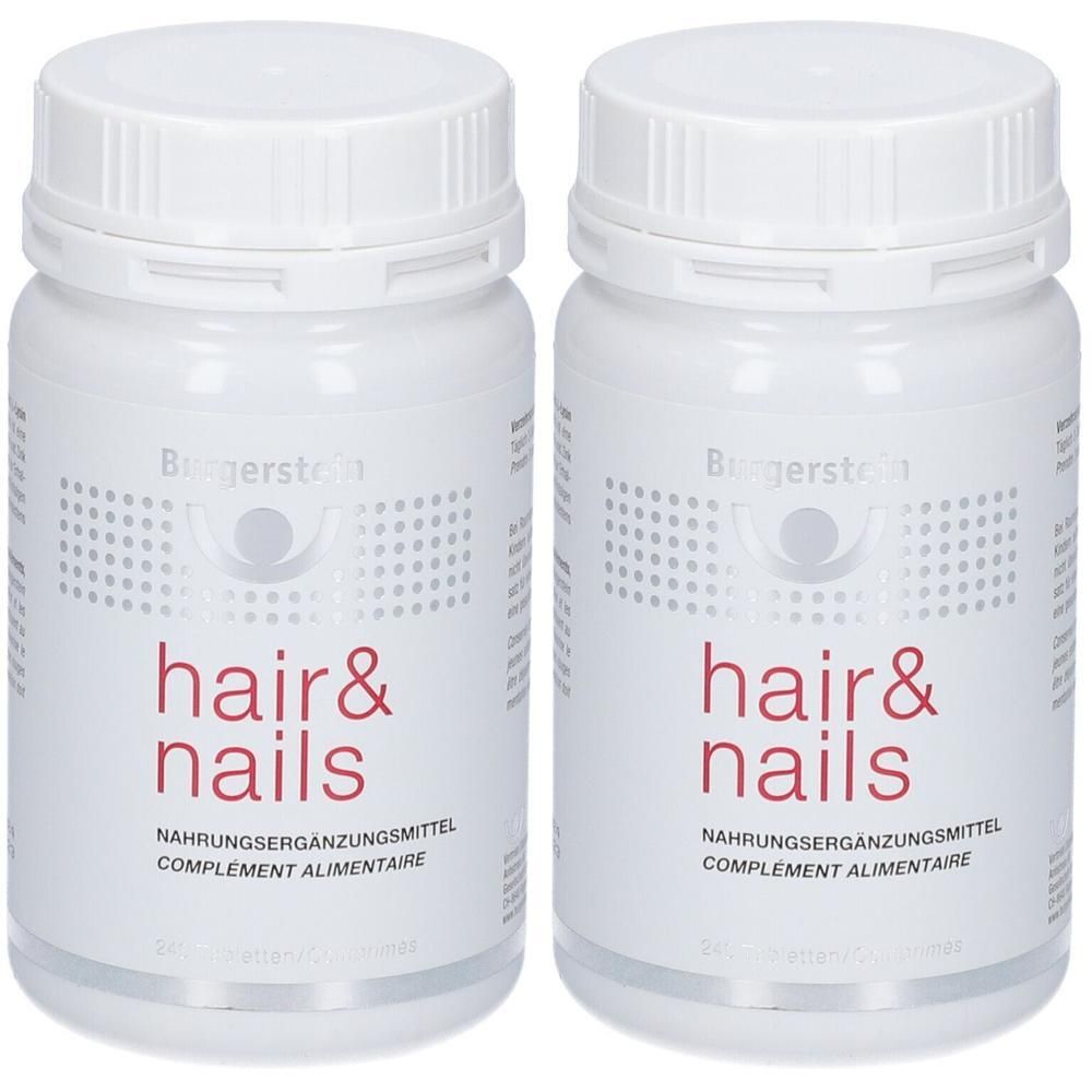 Zwei weiße Flaschen mit Schraubverschluss. Aufschrift "hair & nails" und "Nahrungsergänzungsmittel". Marke: Burgerstein.