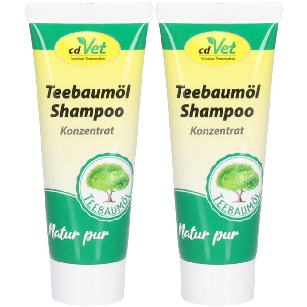 Zwei Tuben Shampoo. Aufschrift: cd Vet, Teebaumöl Shampoo, Konzentrat, Natur pur. Grün-gelbes Design mit Baum-Logo.
