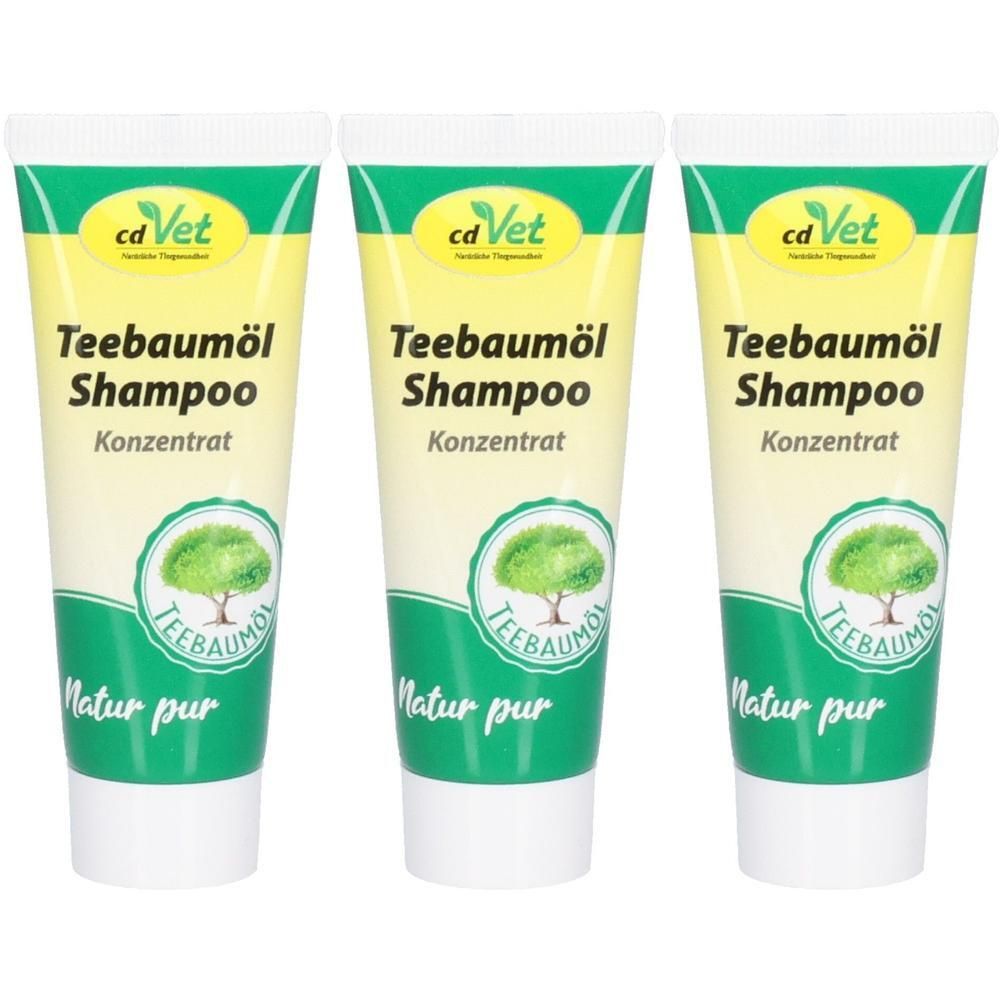Drei Tuben Shampoo. Auf jeder Tube steht "cd Vet Teebaumöl Shampoo Konzentrat". Grün-weißes Design mit Baum-Logo.