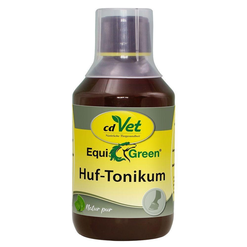 Braune Flasche mit gelbem Etikett. Aufschrift: cdVet EquiGreen Huf-Tonikum. Mit grünem Logo und Abbildung eines Hufes.